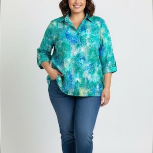 ALISON DALEY FLORAL BURN OUT SHIRT JACKET TURQUOISE 1X 3/4 SLEEVE STUNNING *NWOT